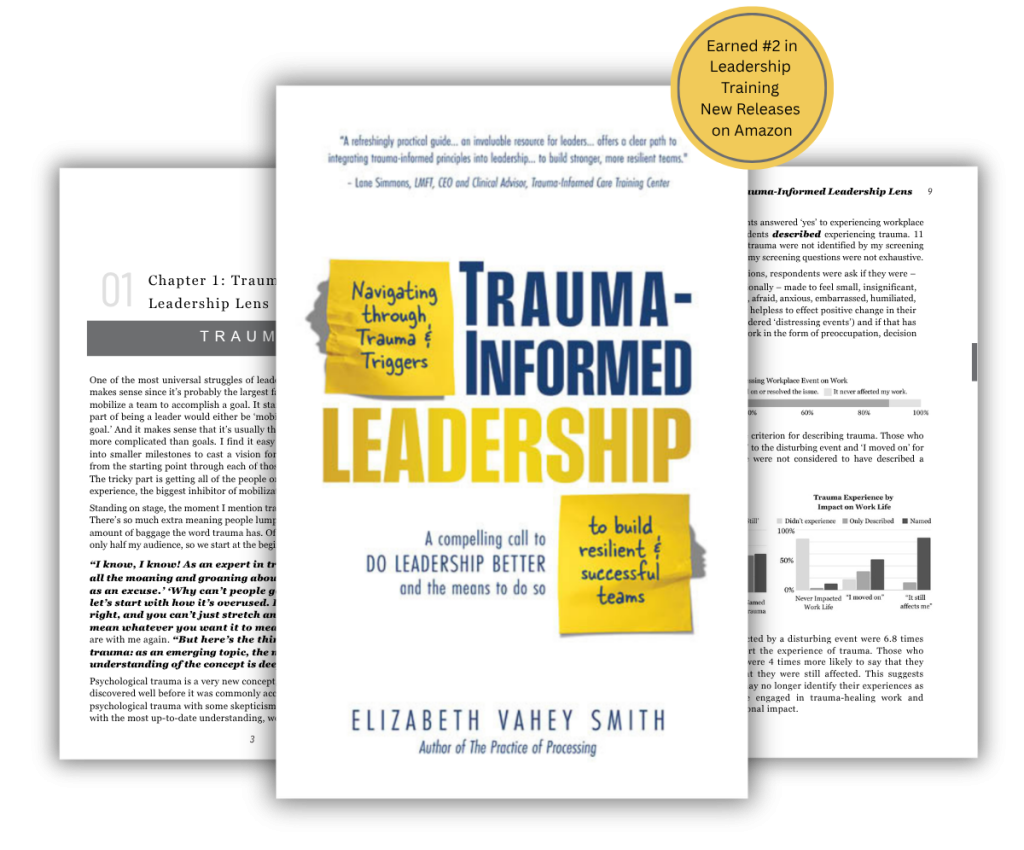 Cover of the book Trauma Informed Leadership, and image of first page of the first chapter, showing text, and last page of the first chapter showing text and a bar chart. Circle sticker on the promo image reads: "Earned #2 in Leadership Training New Releases on Amazon"